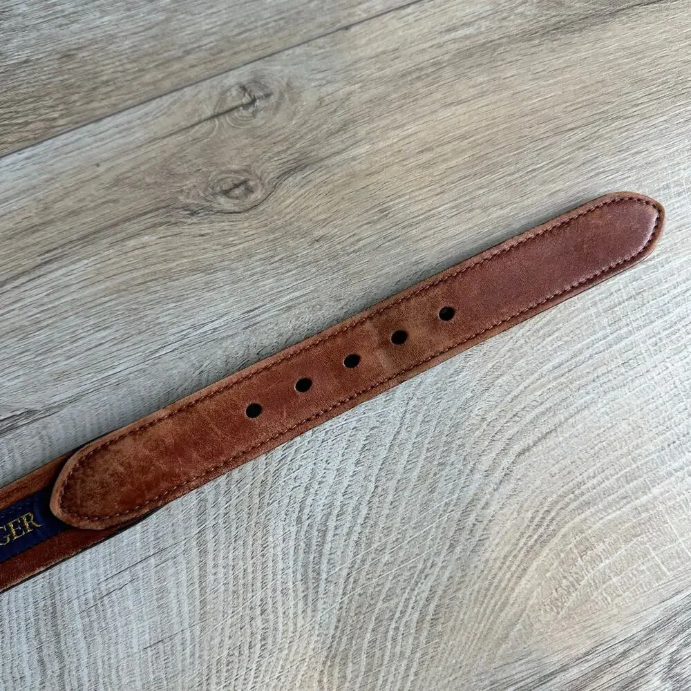 Tommy Hilfiger Vintage Spellout Logo Flags Brown Leather Branded Belt 34